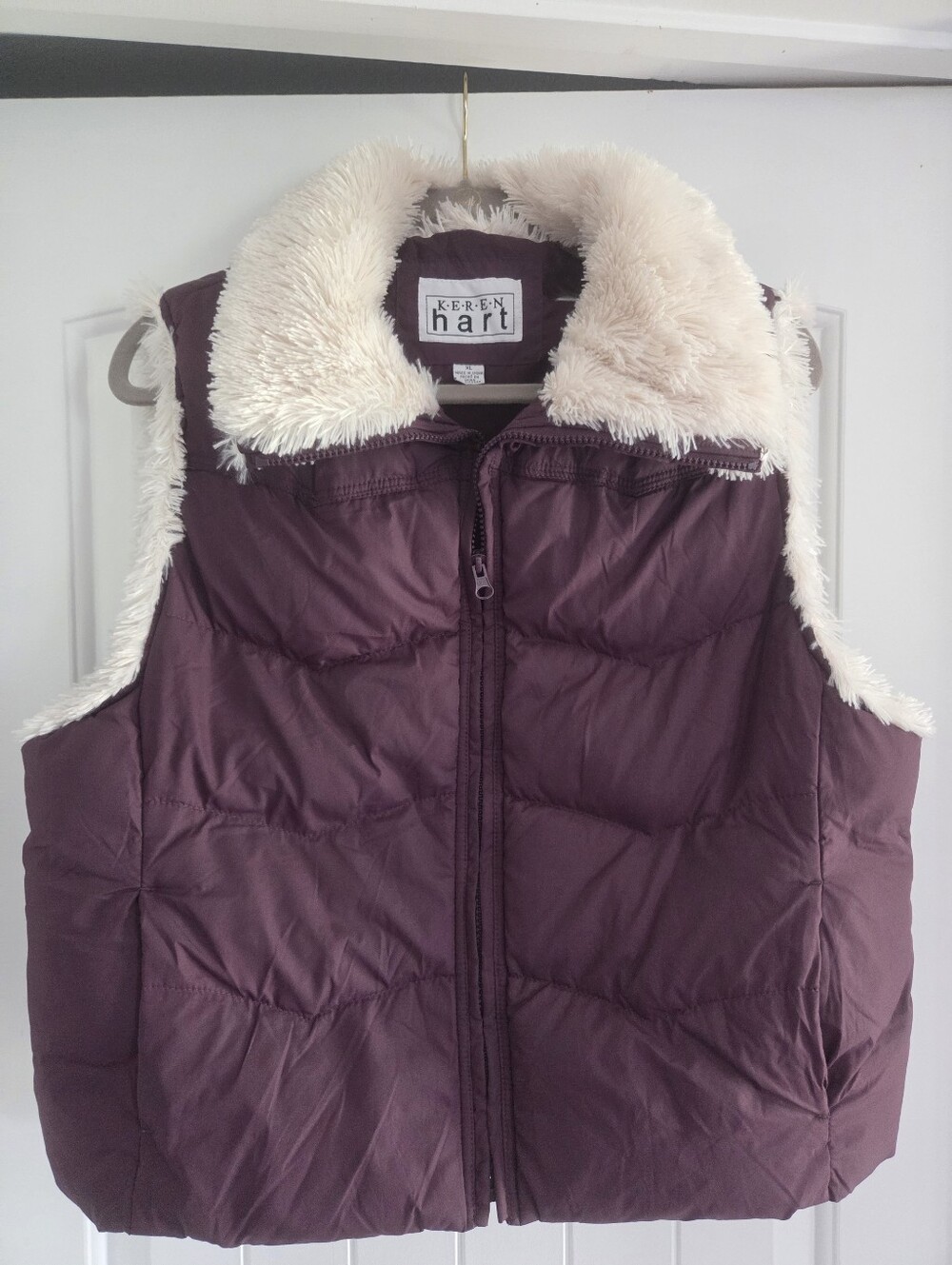 Keren Hart Women's Burgundy Puffer Vest with Cream Faux Fur Collar